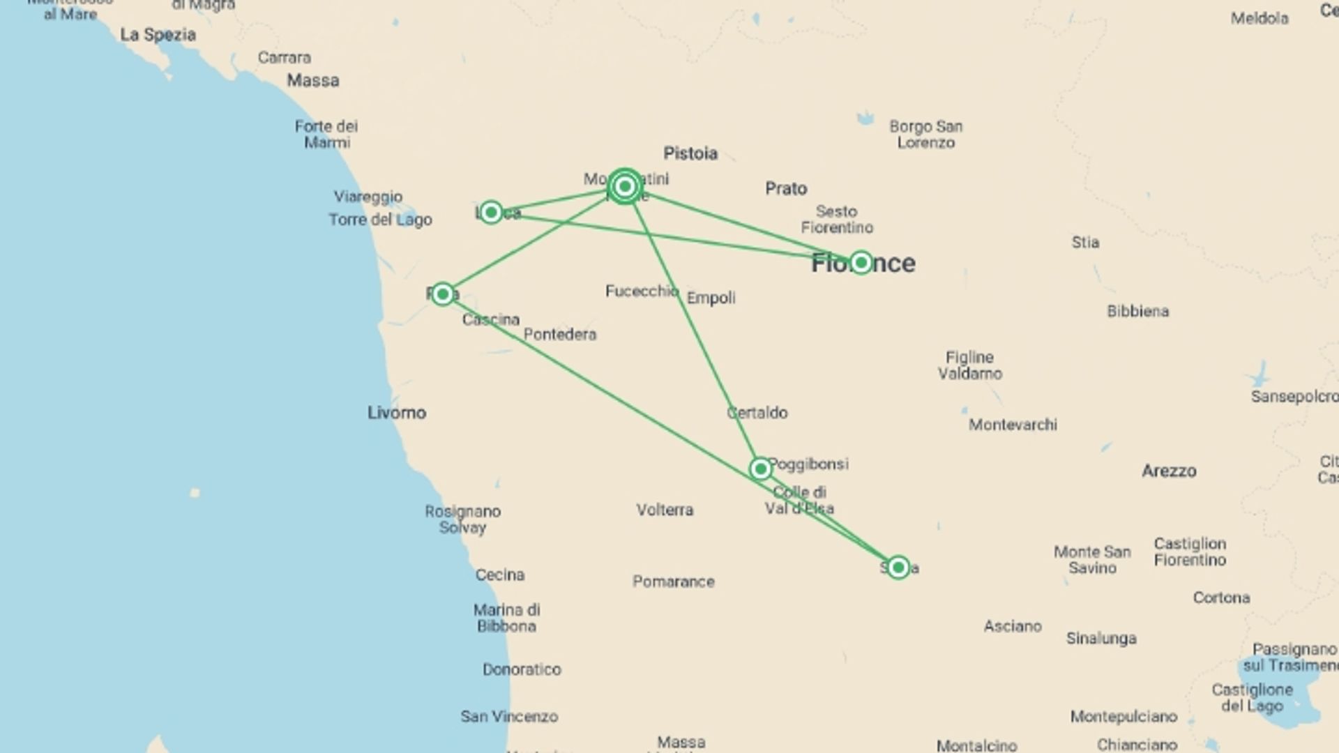 A map showing the tour itinerary for the trip: Spotlight on Tuscany , starting in Montecatini Terme, Italy and ending in Montecatini Terme, Italy going through 5 other destinations.