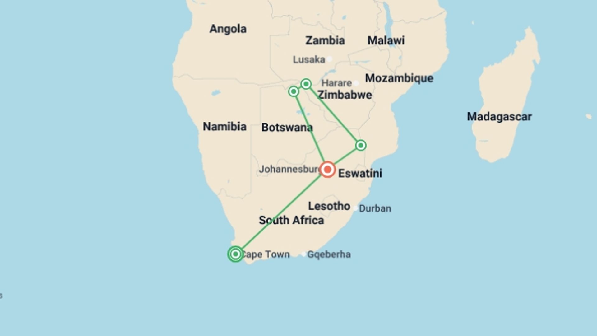 A map showing the tour itinerary for the trip: Signature: Southern Africa from Cape Town to Victoria Falls, starting in Cape Town, South Africa and ending in Johannesburg, South Africa going through 3 other destinations.