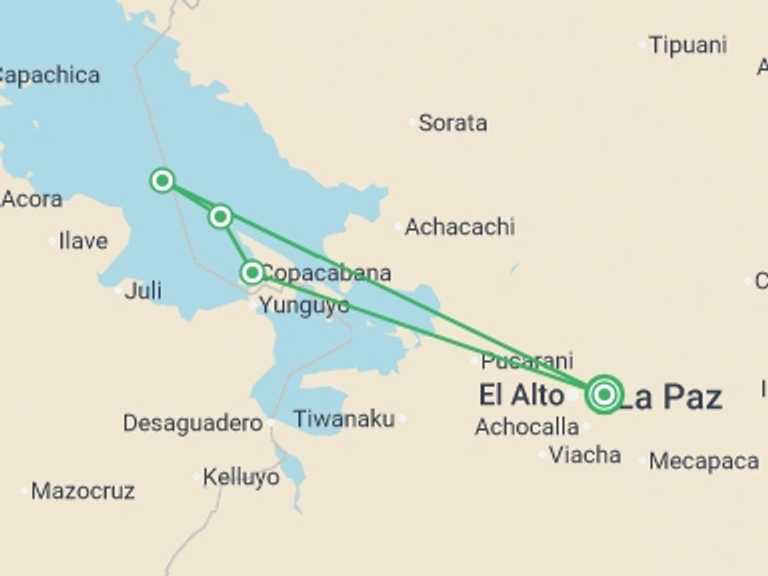 Map of 2-Day Peru Tour with 2 destination visits for the trip: Lake Titicaca Catamaran 2D/1N (La Paz to La Paz)