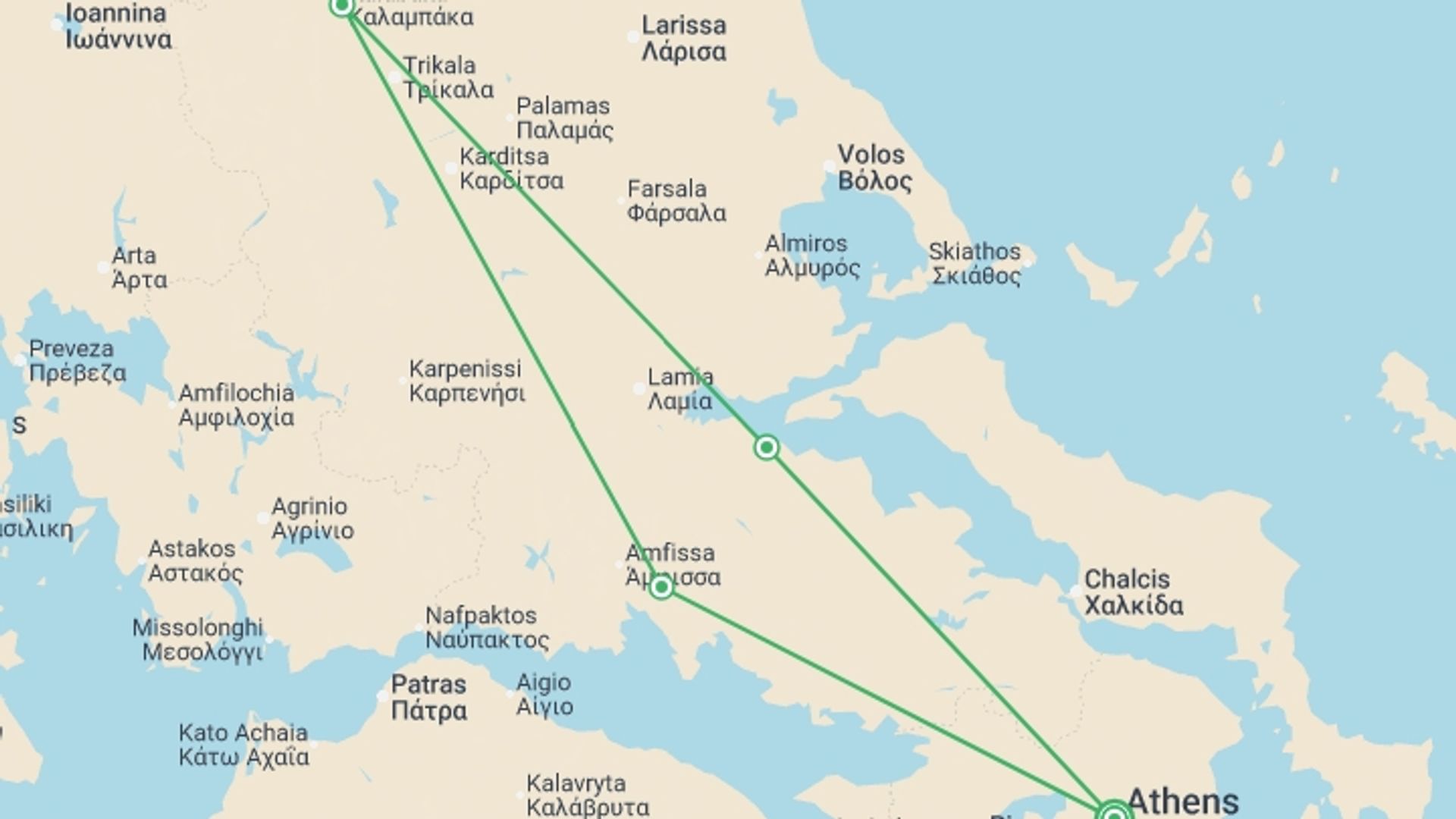 A map showing the tour itinerary for the trip: Athens and Northern Greece with Meteoras, starting in Athens, Greece and ending in Athens, Greece going through 1 other destinations.