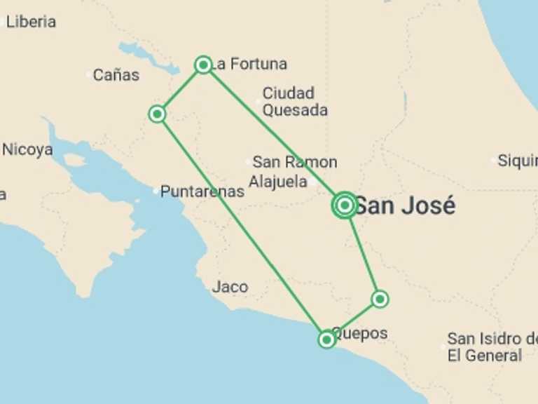 Map of South America Trekking and Hiking Tour with 6 destination visits for the trip: Best of Costa Rica
