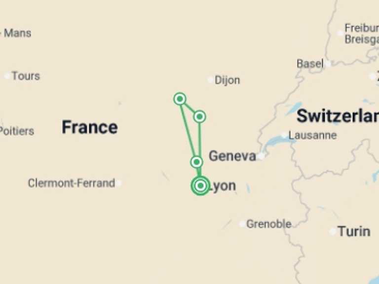 Map of France Tour with 4 destination visits for the trip: Exceptional Wine Tasting Cruise in Burgundy: Beaujolais Nouveau (port-to-port cruise)