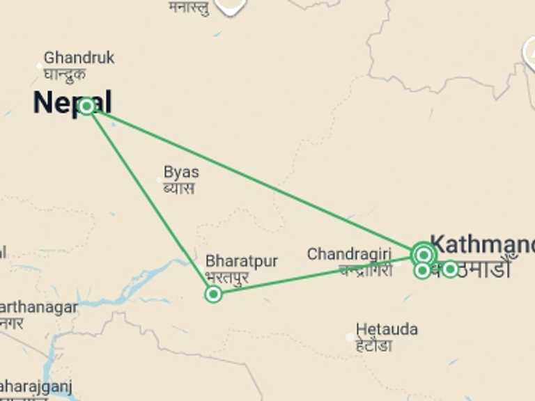 Map itinerary of Nepal Tour in Winter with 3 destination visits for the trip: Highlights of Nepal - 9 days
