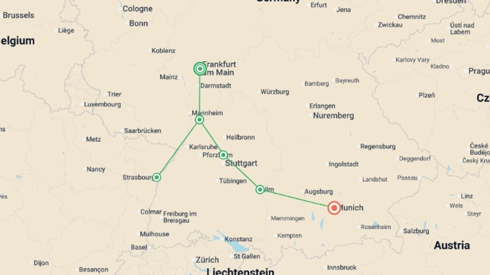 A map showing the tour itinerary for the trip: Christmas Markets and Castles of Europe, starting in Frankfurt, Germany and ending in Munich, Germany going through 2 other destinations.