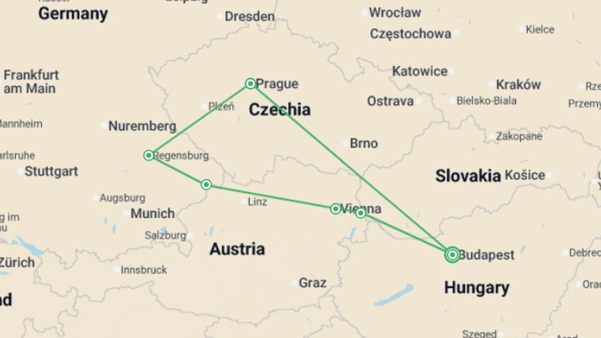 A map showing the tour itinerary for the trip: Delightful Danube & Prague (2027), starting in Budapest, Hungary and ending in Budapest, Hungary going through 5 other destinations.