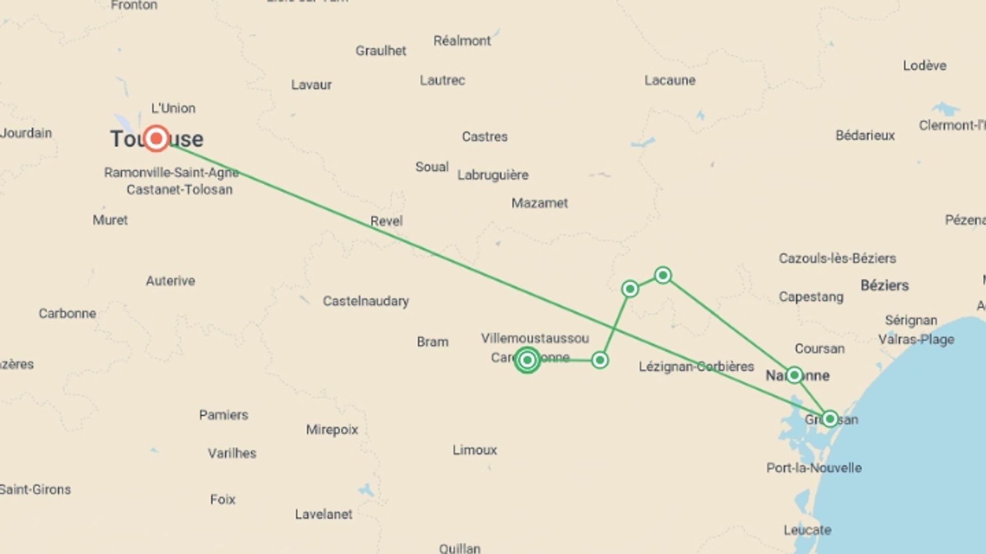 A map showing the tour itinerary for the trip: Cycling in France - Canals and Castles of the Midi, starting in Carcassonne, France and ending in Toulouse, France going through 5 other destinations.