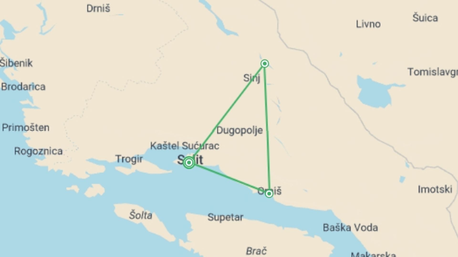 A map showing the tour itinerary for the trip: Split City Break, Private Tour, starting in Split, Croatia and ending in Split, Croatia going through 0 other destinations.