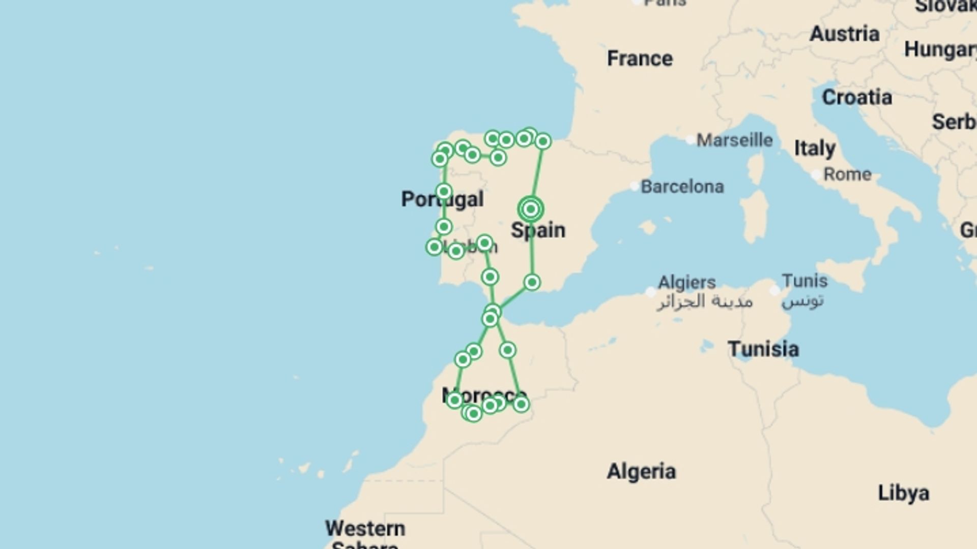 A map showing the tour itinerary for the trip: Fantasies from Spain and Portugal and Mysterious Morocco, starting in Madrid, Spain and ending in Madrid, Spain going through 13 other destinations.