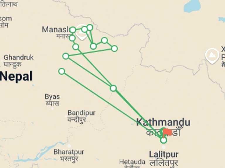 Map itinerary of Nepal Tour in Winter with 13 destination visits for the trip: Manaslu Circuit Trek