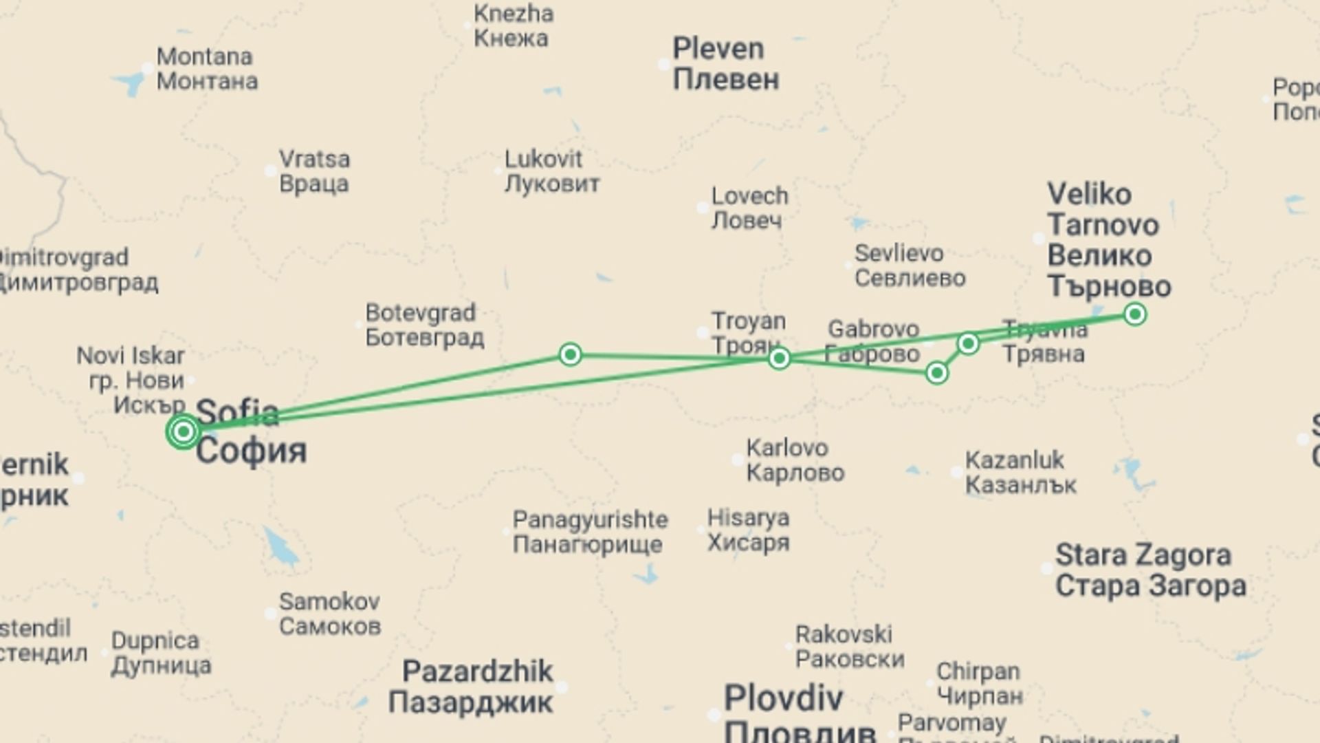 A map showing the tour itinerary for the trip: Balkan Mountains Guided Cycle, starting in Sofia, Bulgaria and ending in Sofia, Bulgaria going through 5 other destinations.