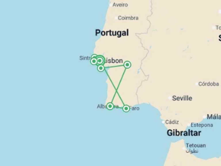 Map of Europe Tour with 4 destination visits for the trip: Lisbon, Evora & Algarve - 9 days
