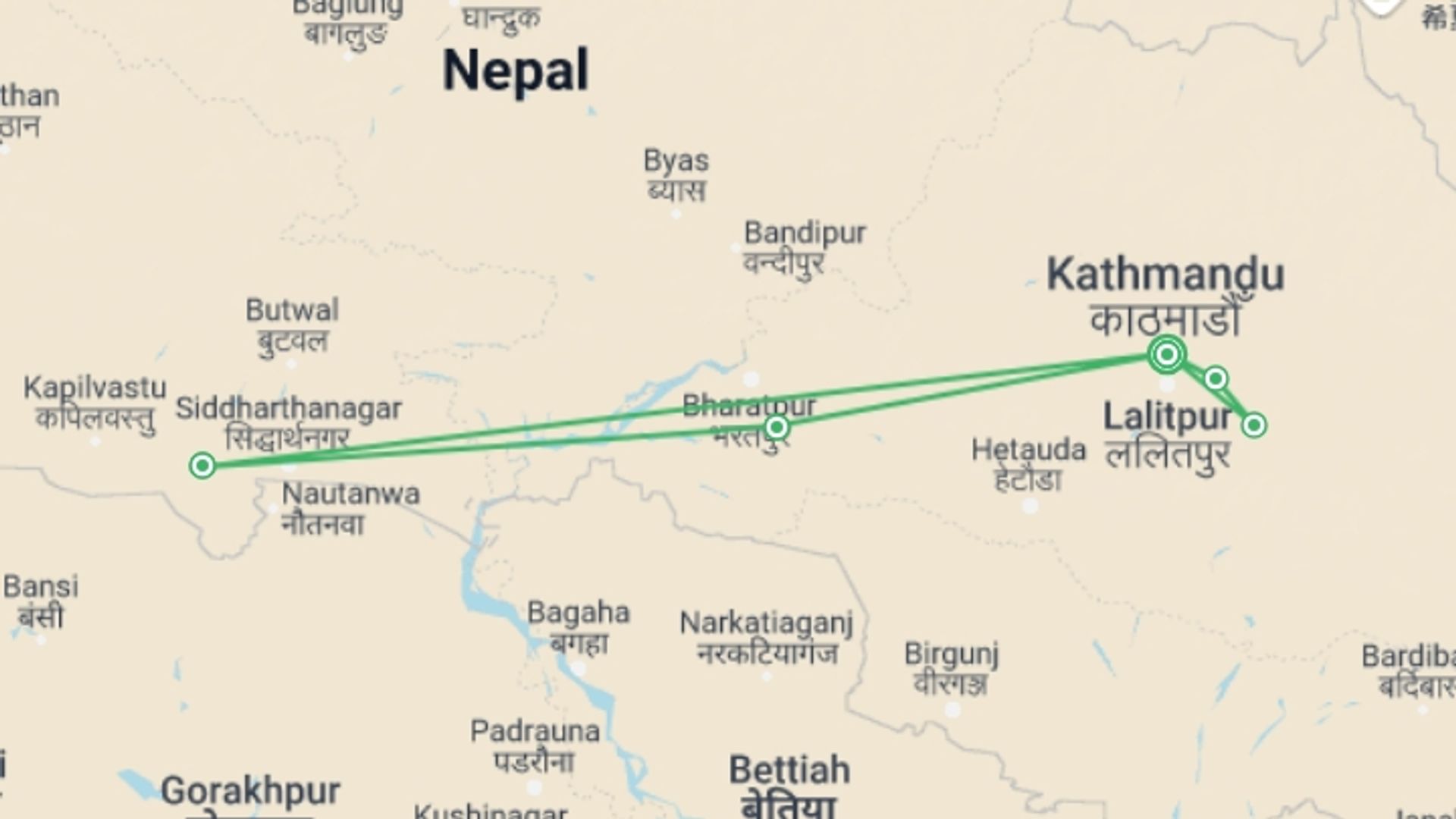 A map showing the tour itinerary for the trip: UNESCO World Heritage Site Tour, starting in Kathmandu, Nepal and ending in Kathmandu, Nepal going through 4 other destinations.