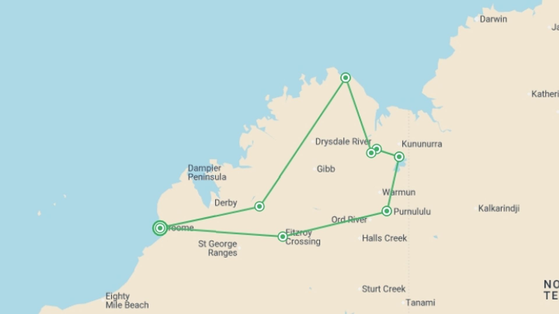 A map showing the tour itinerary for the trip: Wild Kimberley Overland, starting in Broome, Australia and ending in Broome, Australia going through 7 other destinations.