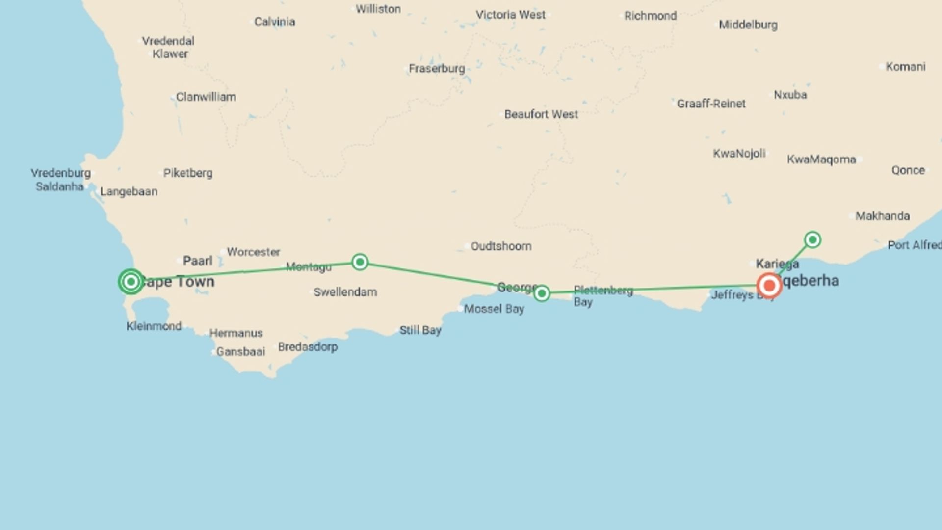 A map showing the tour itinerary for the trip: Garden Route & Safari Self Drive - 10 days, starting in Cape Town, South Africa and ending in Port Elizabeth, South Africa going through 3 other destinations.