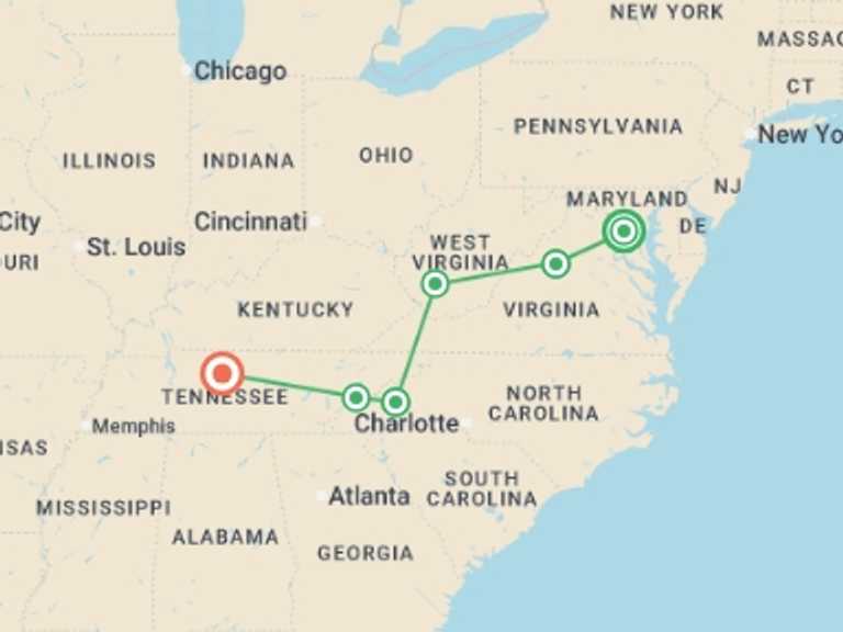 Map itinerary of Washington D.C. Tour in May 2026 with 6 destination visits for the trip: Spectacular National Parks of Eastern USA