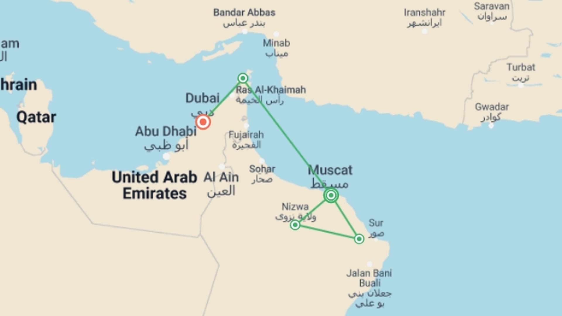 A map showing the tour itinerary for the trip: Jewels of Oman Tour Package, starting in Muscat, Oman and ending in Khasab, Oman going through 3 other destinations.