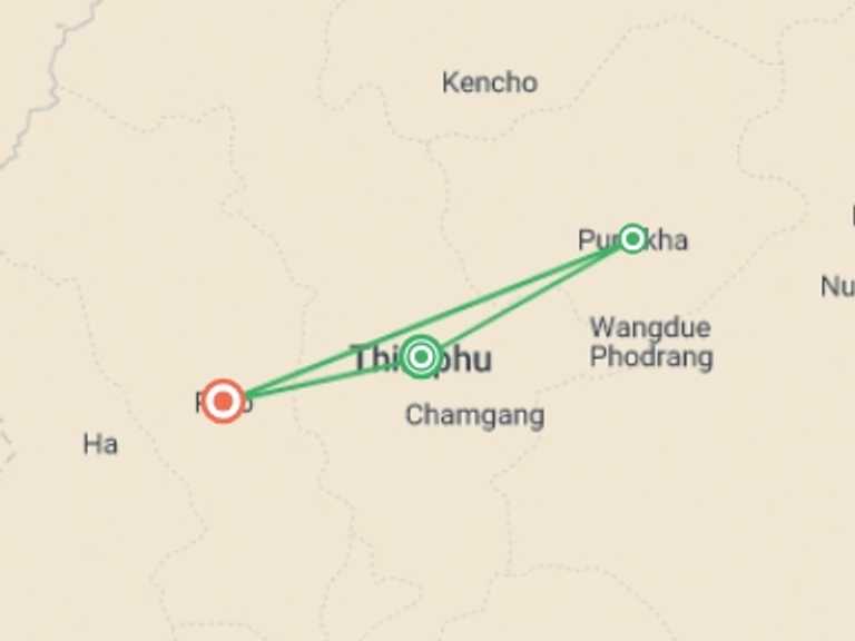 Map of South Asia Natural landmarks sightseeing Tour with 4 destination visits for the trip: Bhutan Discovered