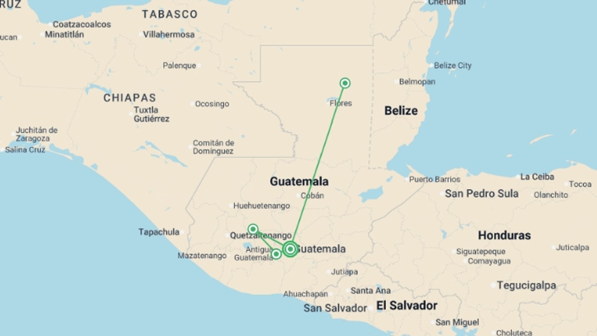 A map showing the tour itinerary for the trip: Real Guatemalan Group Experience 8D/7N, starting in Guatemala City, Guatemala and ending in Guatemala City, Guatemala going through 3 other destinations.