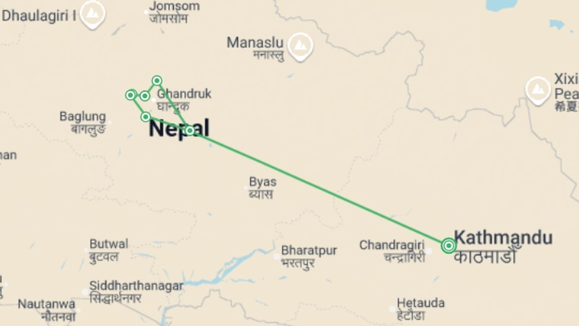 A map showing the tour itinerary for the trip: Poon Hill Trek 5D/4N (from Kathmandu), starting in Kathmandu, Nepal and ending in Kathmandu, Nepal going through 3 other destinations.