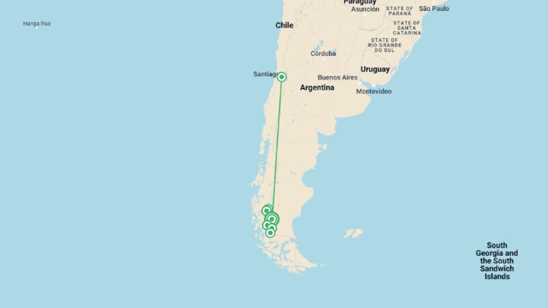 A map showing the tour itinerary for the trip: Paine & Fitz Roy Trek, starting in El Calafate, Argentina and ending in El Calafate, Argentina going through 10 other destinations.
