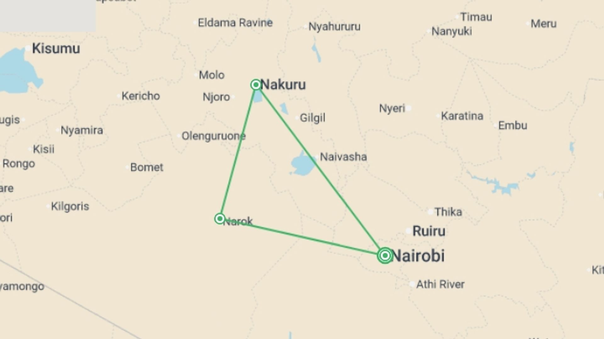A map showing the tour itinerary for the trip: Unforgettable Kenya: Masai Mara & Lake Nakuru, starting in Nairobi, Kenya and ending in Nairobi, Kenya going through 2 other destinations.