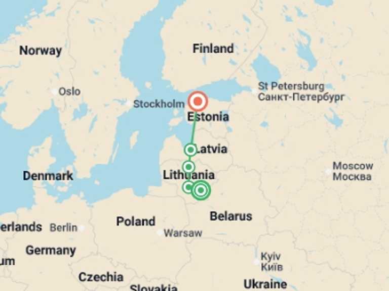 Map itinerary of Europe Tour in June 2026 with 4 destination visits for the trip: Baltic Capital Cities