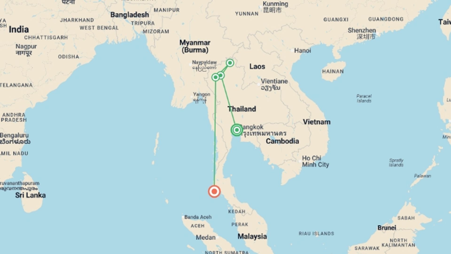 A map showing the tour itinerary for the trip: Amazing Thailand - 9 days, starting in Bangkok, Thailand and ending in Phuket, Thailand going through 3 other destinations.