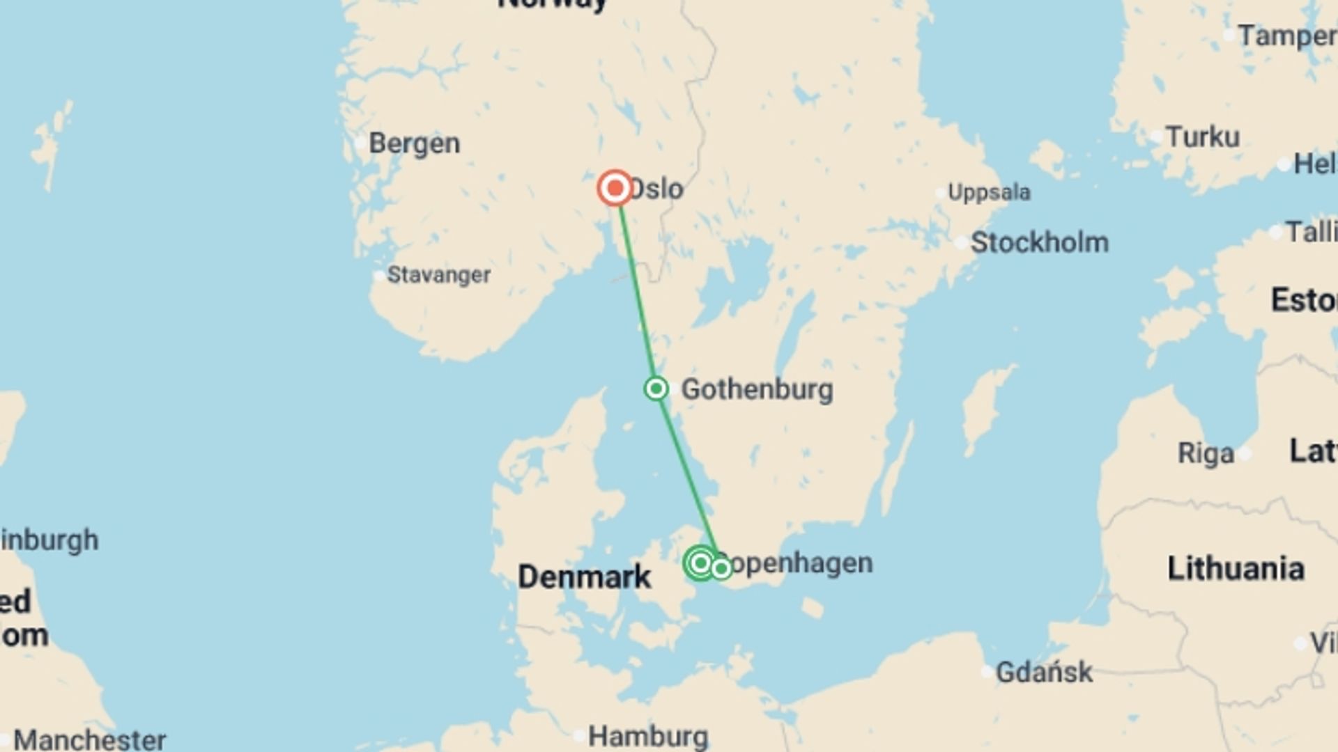 A map showing the tour itinerary for the trip: A Taste of Scandinavia, starting in Copenhagen, Denmark and ending in Oslo, Norway going through 1 other destinations.