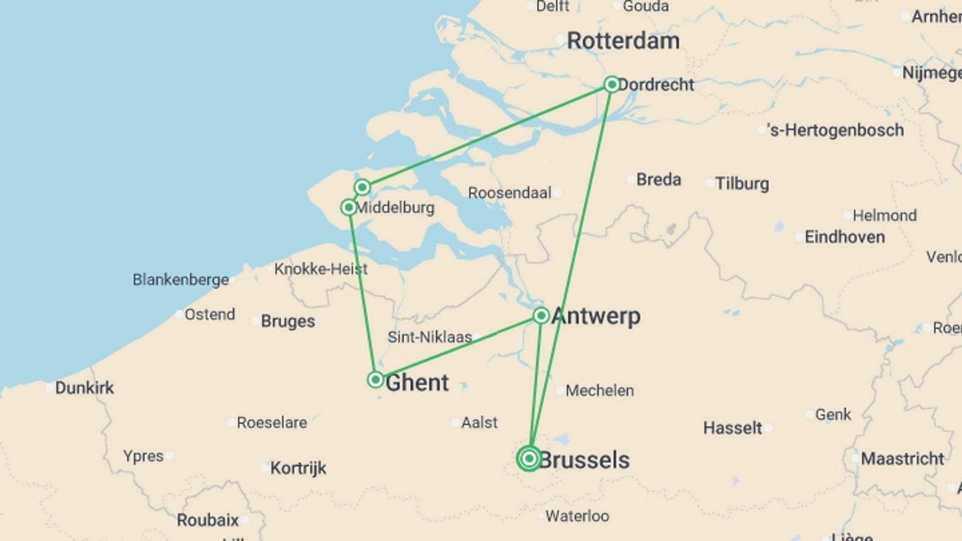 A map showing the tour itinerary for the trip: An Exclusive Cruise to Top Sites in Northern Europe (port-to-port cruise), starting in Brussels, Belgium and ending in Brussels, Belgium going through 5 other destinations.