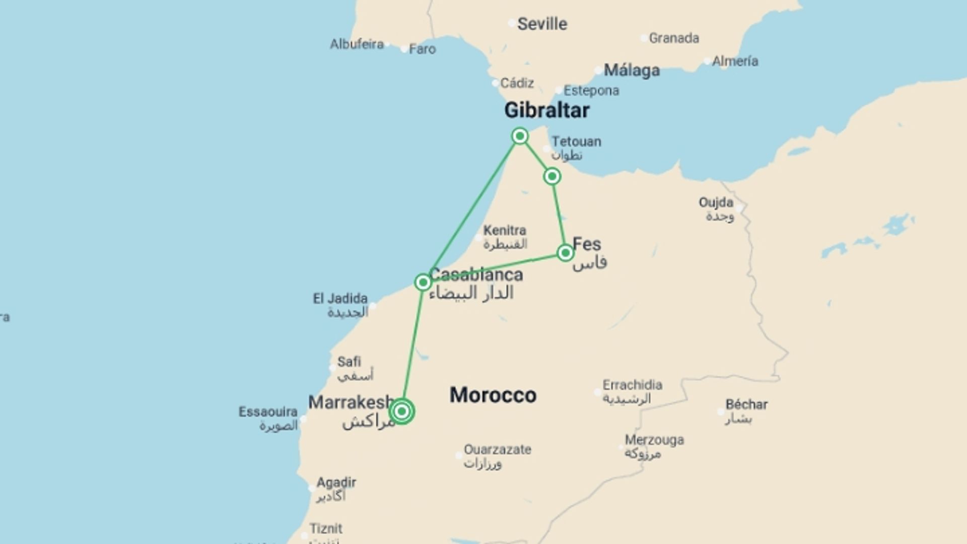 A map showing the tour itinerary for the trip: Moroccan Circuit, starting in Marrakech, Morocco and ending in Marrakech, Morocco going through 5 other destinations.