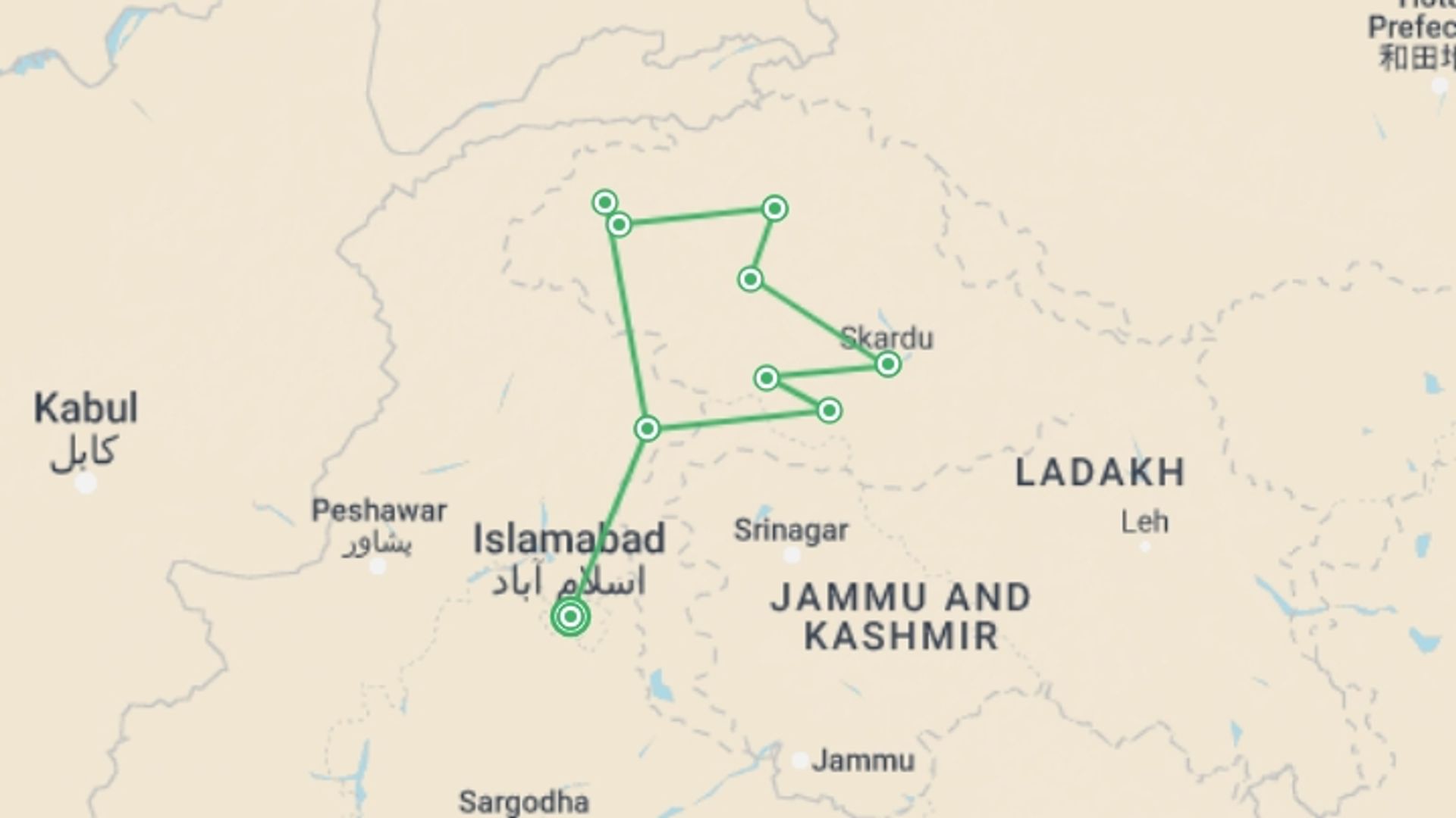 A map showing the tour itinerary for the trip: Pakistan's Karakoram Highway, starting in Islamabad, Pakistan and ending in Islamabad, Pakistan going through 0 other destinations.