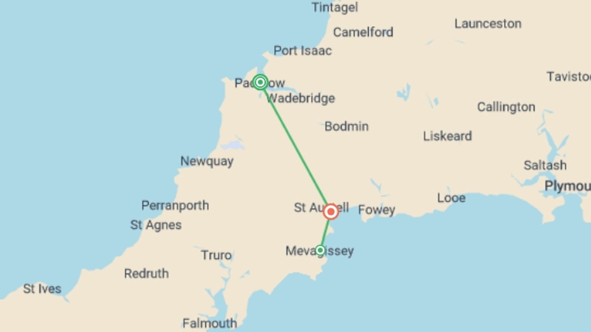 A map showing the tour itinerary for the trip: Walking in Cornwall, starting in Padstow, England and ending in Charlestown, Charlestown going through 1 other destinations.