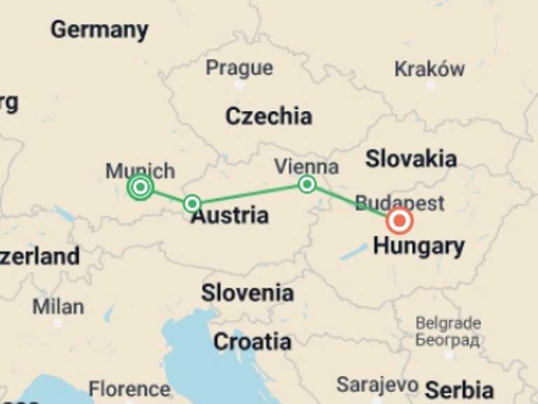 Map of a Shopping and Markets Tour with 4 destination visits for the trip: Europe Christmas Markets: Munich to Budapest