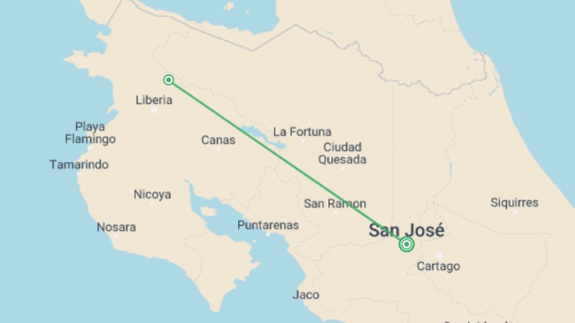 A map showing the tour itinerary for the trip: Rincon De La Vieja, Short Break (on Request), starting in San Jose, Costa Rica and ending in San Jose, Costa Rica going through 1 other destinations.