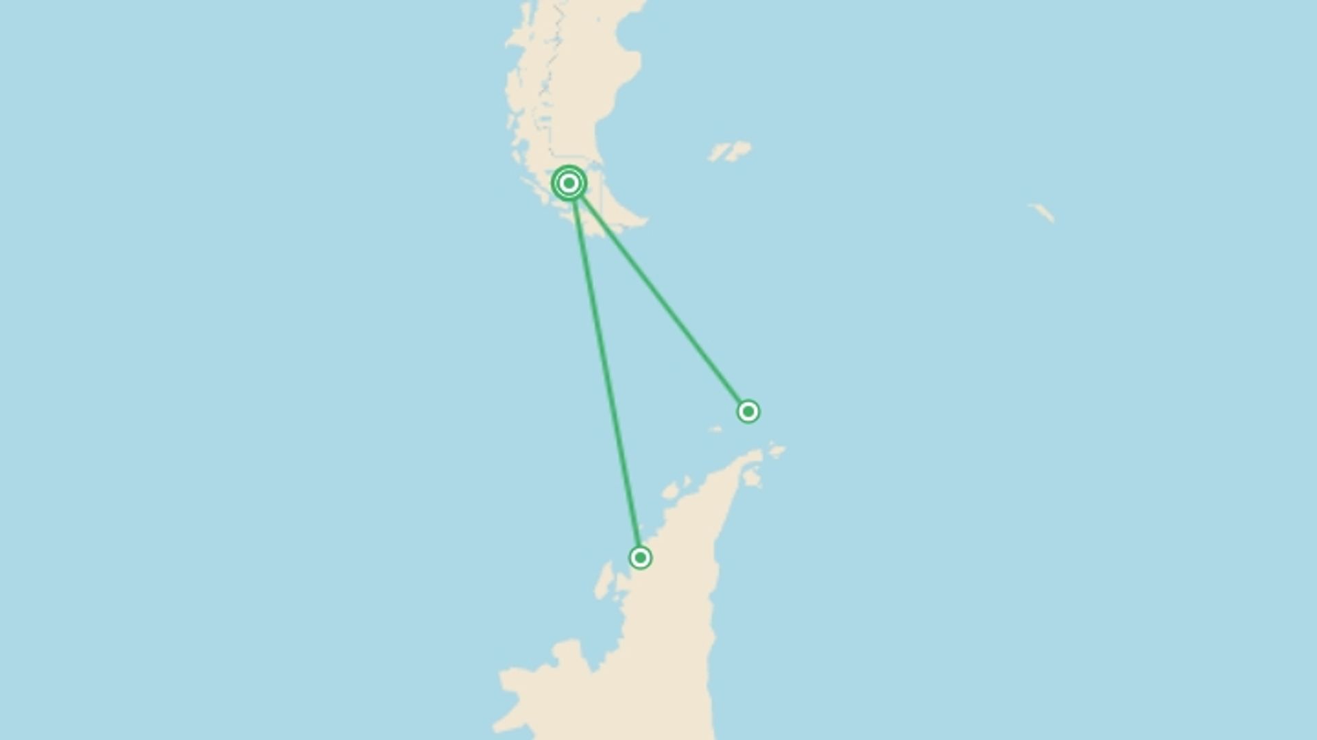 A map showing the tour itinerary for the trip: Antarctic Express: Crossing the Circle, starting in Punta Arenas, Chile and ending in Punta Arenas, Chile going through 3 other destinations.