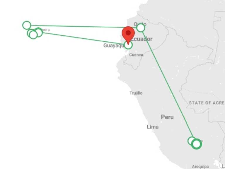 Map of Cusco Wildlife safaris and game drives Tour with 9 destination visits for the trip: Machu Picchu and Galapagos