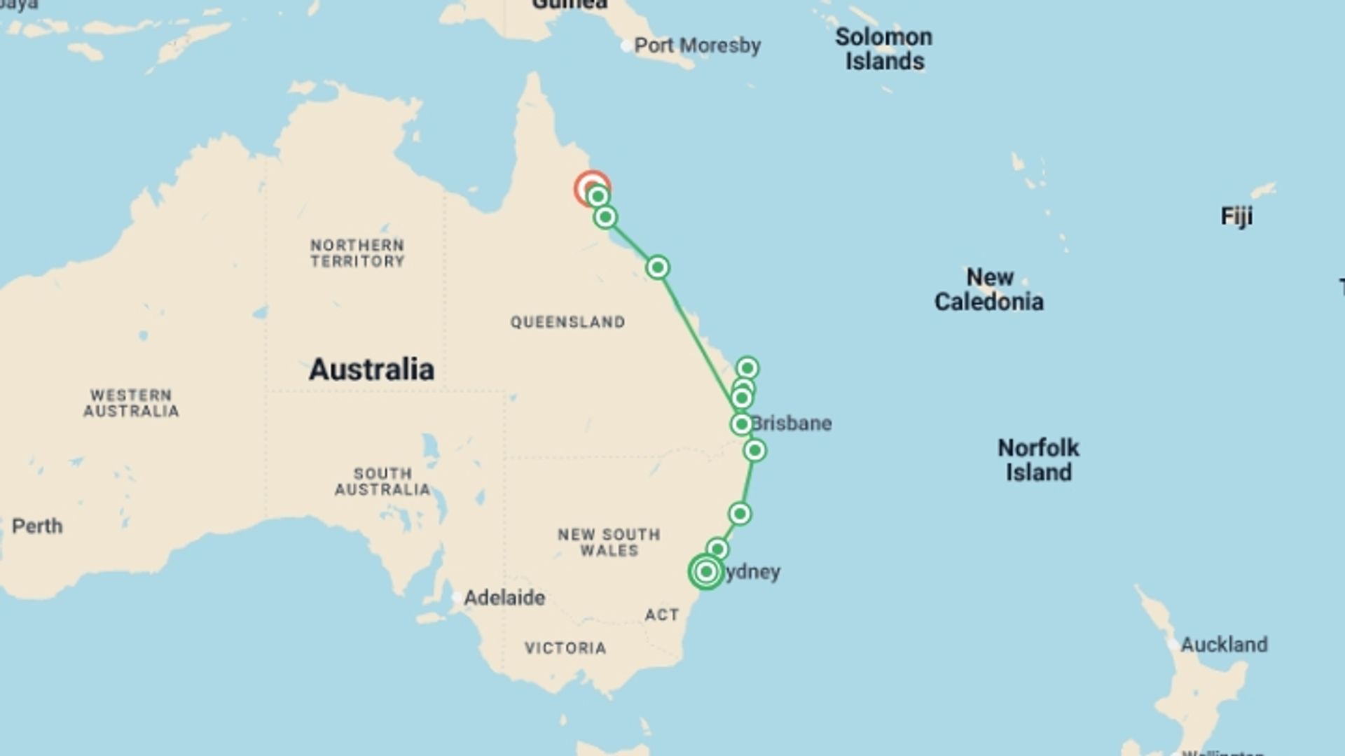 A map showing the tour itinerary for the trip: East Coast Encompassed - 16 days, starting in Sydney and NSW, Australia and ending in Port Douglas, Australia going through 10 other destinations.