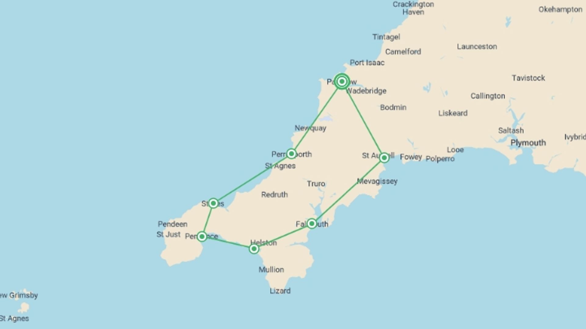 A map showing the tour itinerary for the trip: Cornish Cycle Tour, starting in Padstow, England and ending in Padstow, England going through 7 other destinations.