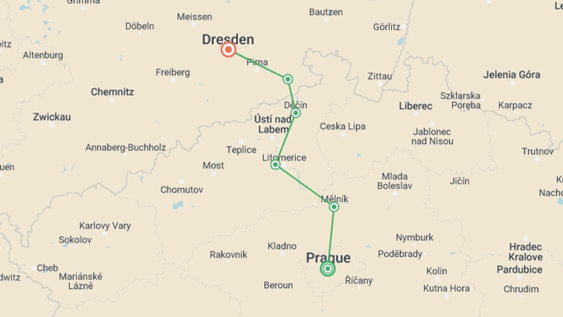 A map showing the tour itinerary for the trip: Prague to Dresden Guided Cycle, starting in Prague, Czech Republic and ending in Dresden, Germany going through 4 other destinations.