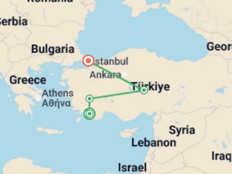 Map of 9-Day Istanbul Tour with 6 destination visits for the trip: Fethiye Cruise, Cappadocia & Istanbul - 9 days