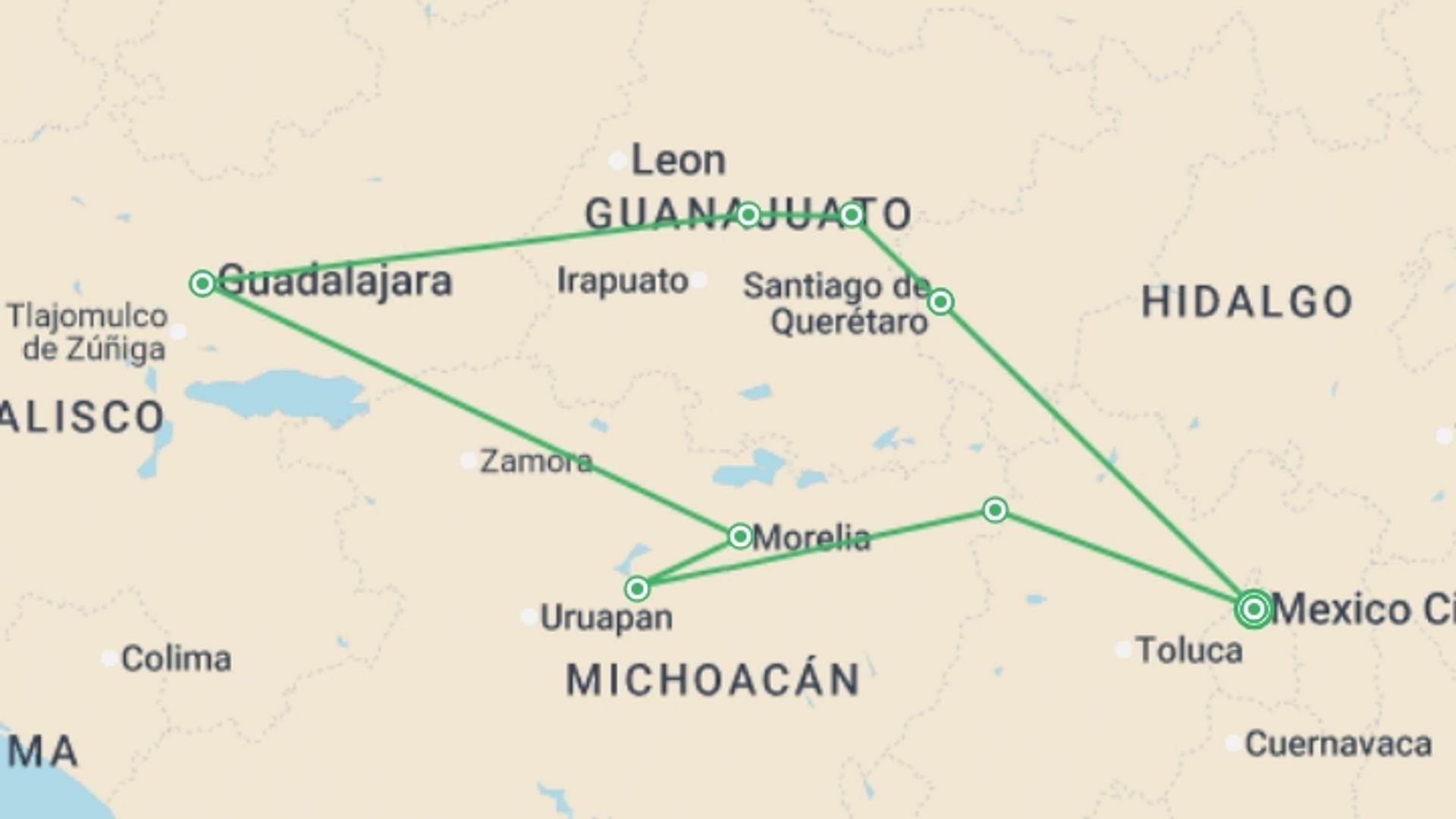 A map showing the tour itinerary for the trip: Corners of Mexico, starting in Mexico City, Mexico and ending in Mexico City, Mexico going through 4 other destinations.