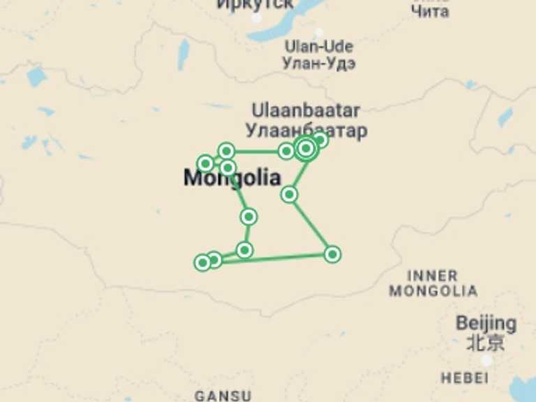 Map of a Natural landmarks sightseeing Tour with 7 destination visits for the trip: Mongolian Odyssey: Gobi Trails 15 Days