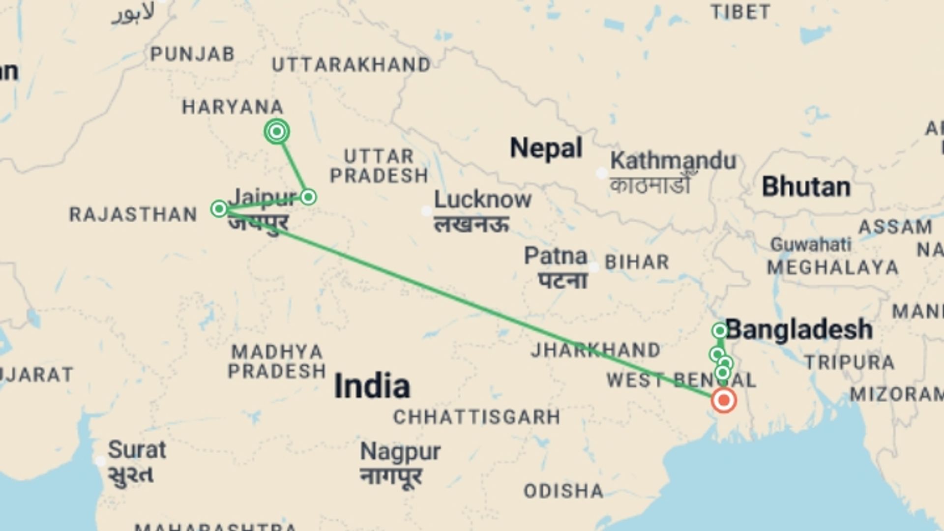 A map showing the tour itinerary for the trip: India's Golden Triangle & the Sacred Ganges (2027), starting in New Delhi, India and ending in Kolkata, India going through 6 other destinations.