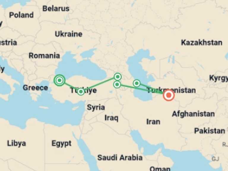 Map of Ashgabat Explorer Tour with 6 destination visits for the trip: Istanbul To Ashgabat (47 Days)