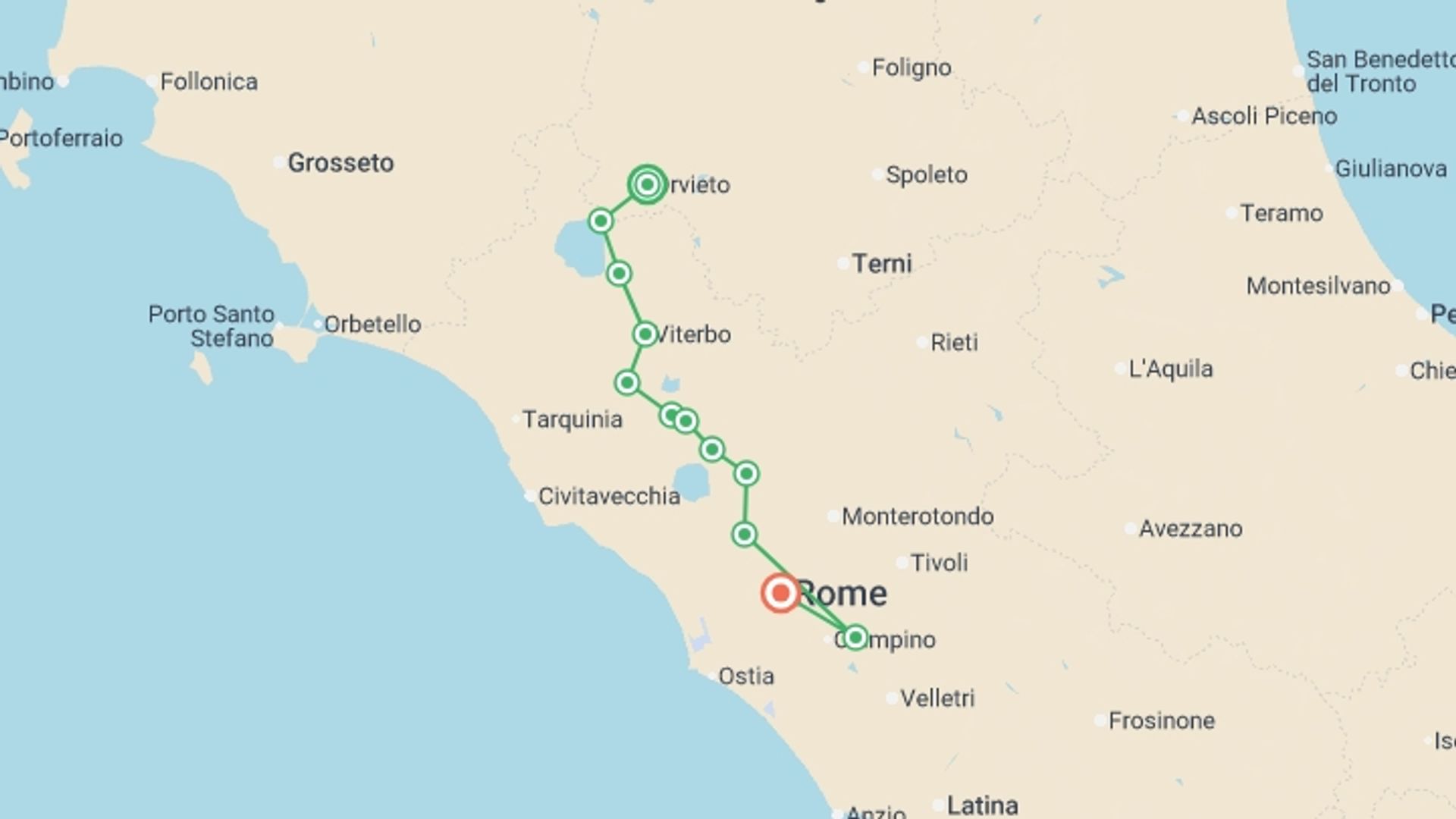 A map showing the tour itinerary for the trip: Via Francigena: Orvieto to Rome, starting in Orvieto, Italy and ending in Rome, Italy going through 8 other destinations.