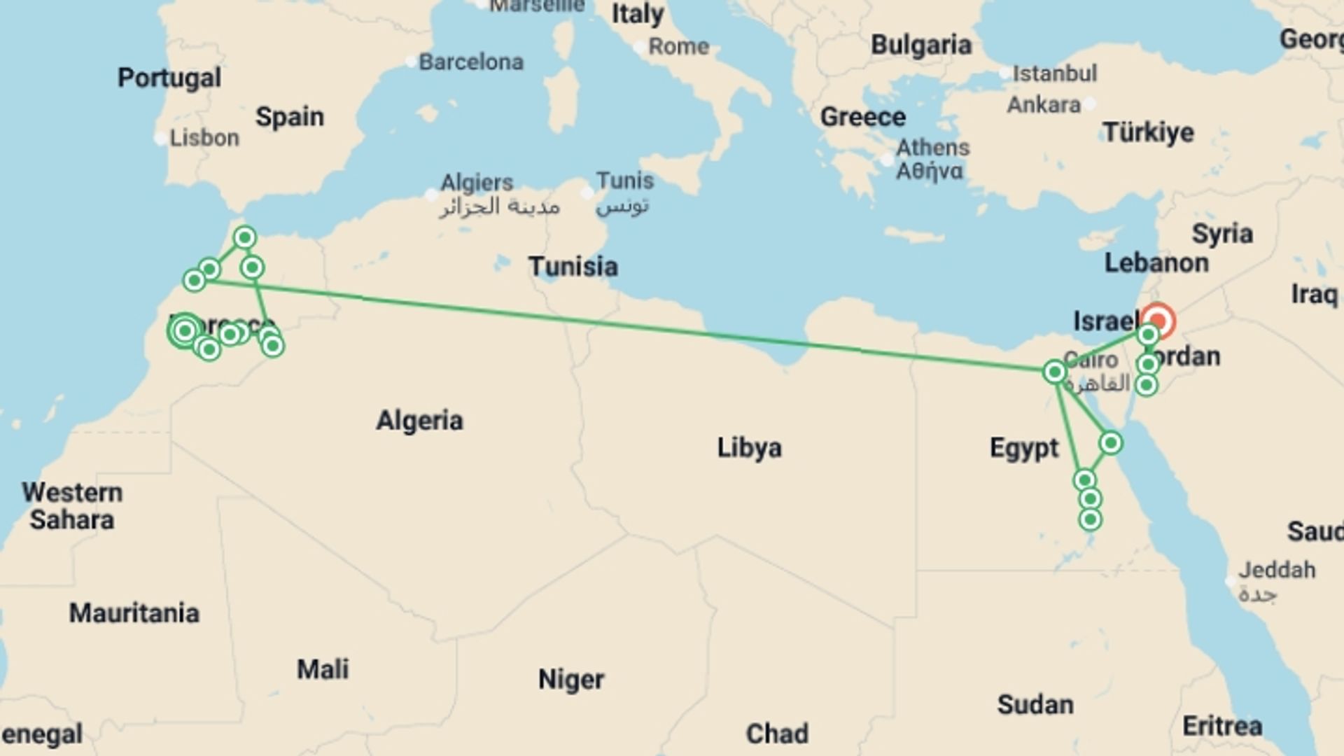 A map showing the tour itinerary for the trip: 21 Day Morocco, Egypt and Jordan Tour, starting in Marrakech, Morocco and ending in Amman, Jordan going through 17 other destinations.