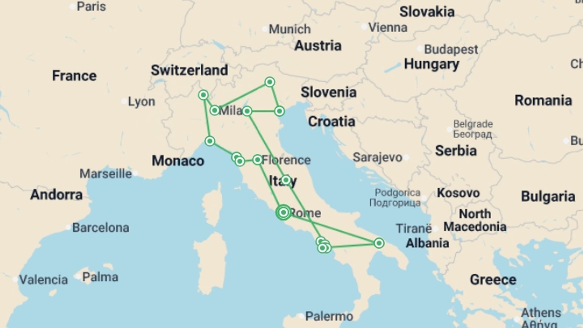 A map showing the tour itinerary for the trip: Grand Italian Experience, starting in Rome, Italy and ending in Rome, Italy going through 9 other destinations.