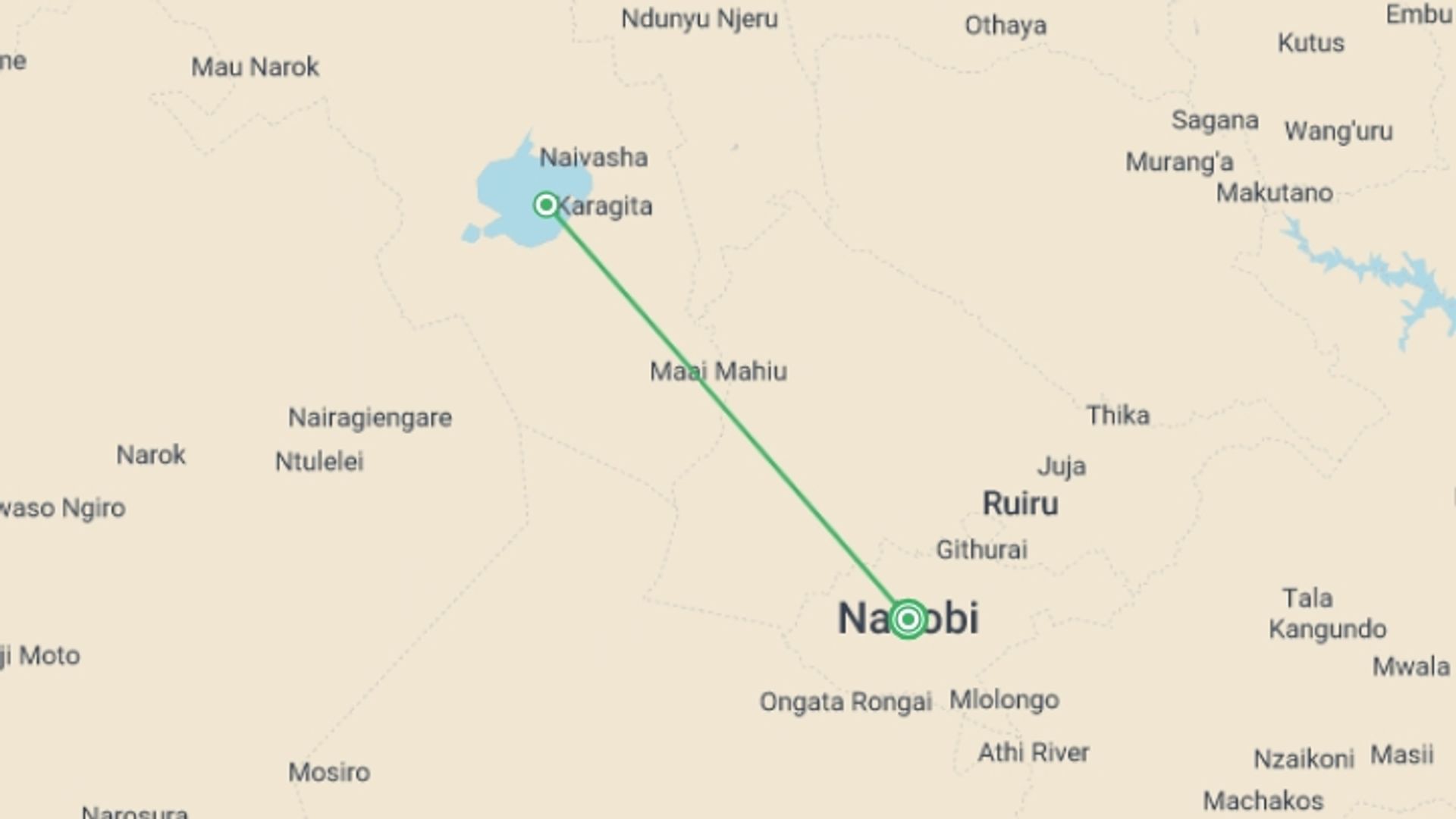 A map showing the tour itinerary for the trip: 2-Day Hell's Gate, Lake Naivasha & Crescent Island, starting in Nairobi, Kenya and ending in Nairobi, Kenya going through 2 other destinations.