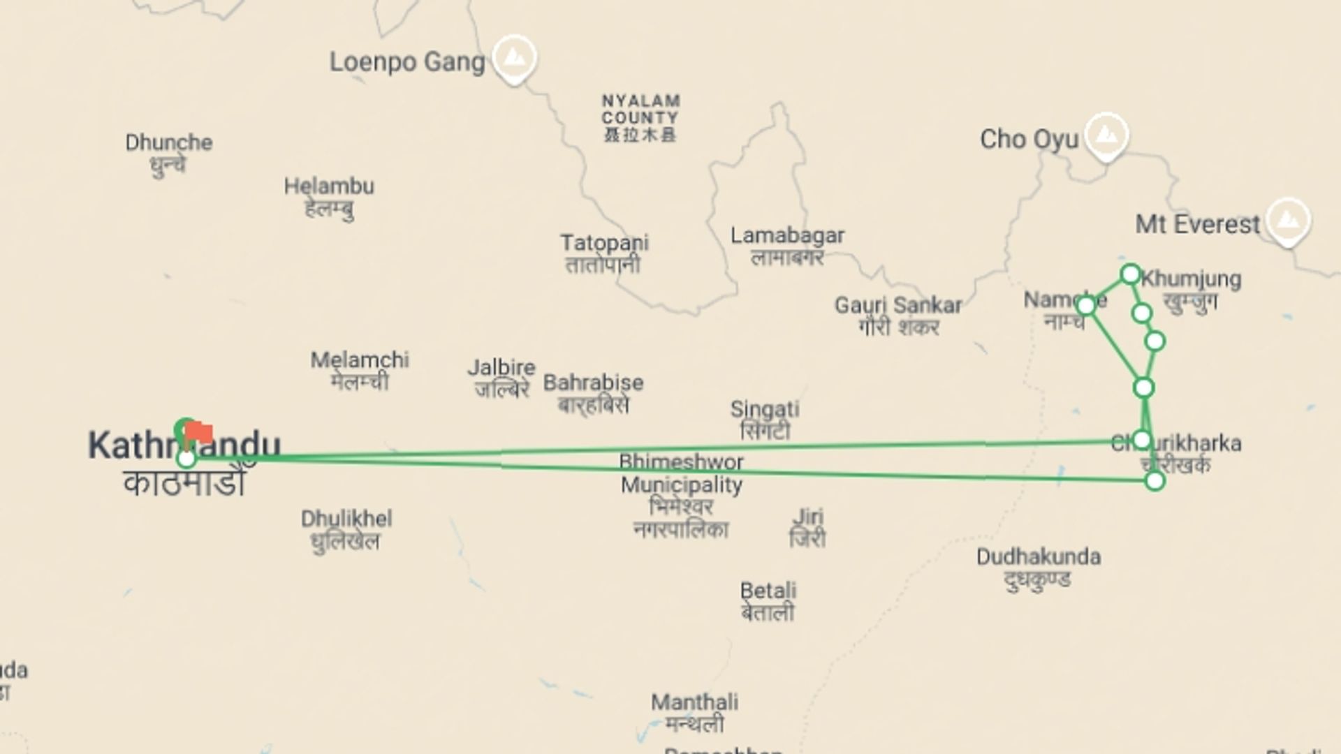 A map showing the tour itinerary for the trip: Gokyo  Valley Circuit  trek , starting in Kathmandu, Nepal and ending in Kathmandu, Nepal going through 8 other destinations.