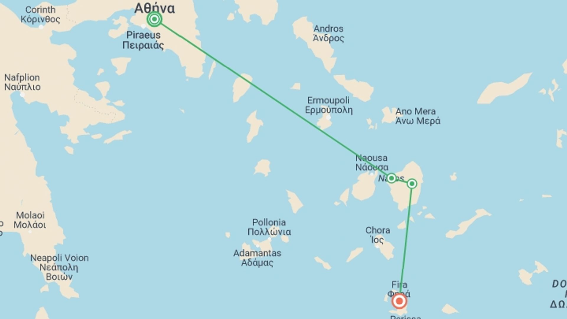 A map showing the tour itinerary for the trip: Highlights of the Greek Islands, starting in Athens, Greece and ending in Santorini, Greece going through 2 other destinations.